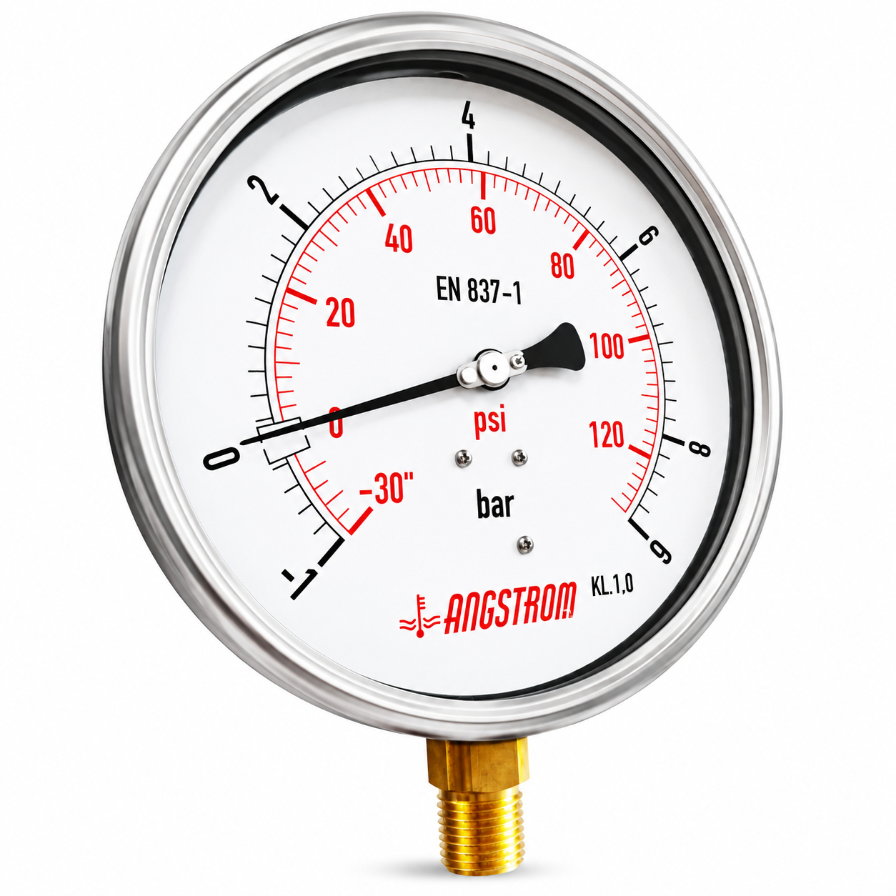 Angstrom Pressure Gauge Dial 160mm Pressure -1/9 bar lower mount on white background