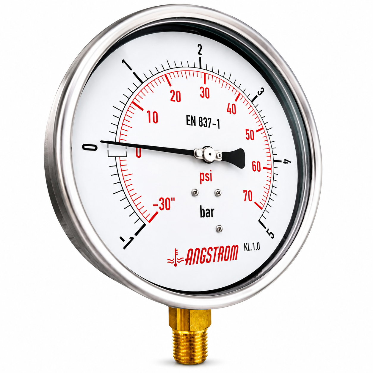 Angstrom Pressure Gauge Dial 160mm Pressure -1/5 bar lower mount on white background