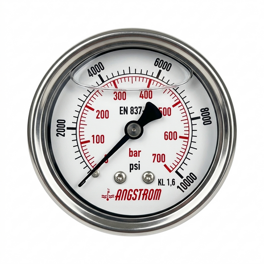 Angstrom Pressure Gauge Dial 63mm Pressure 10,000 psi center back mount on white background