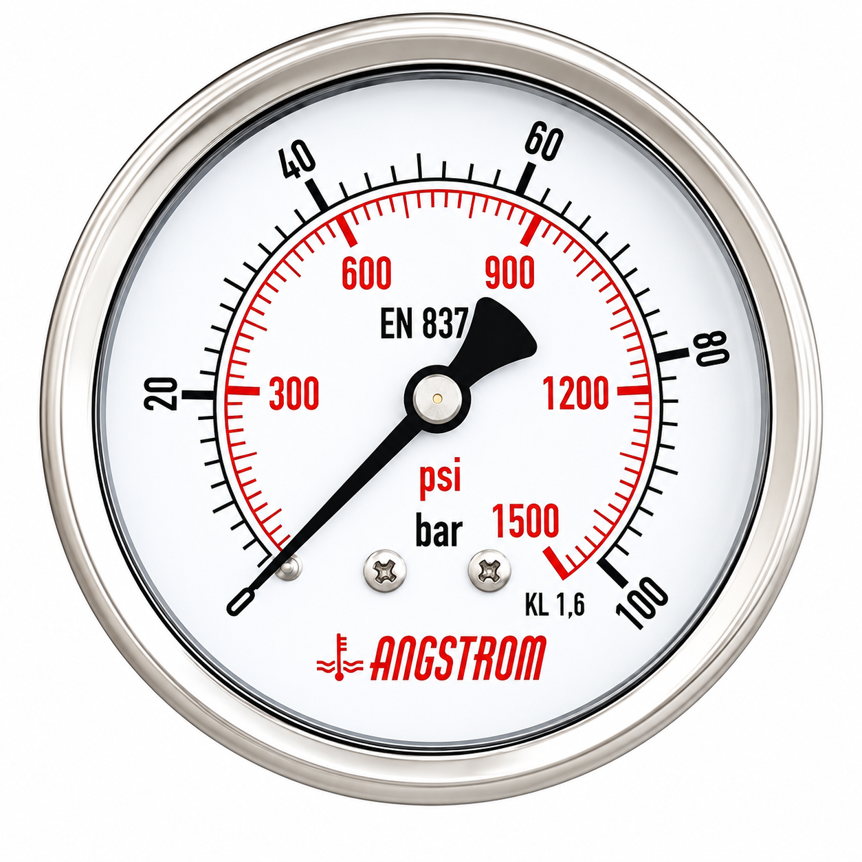 Angstrom pressure gauge, stainless steel case, dial 63mm, center back mount, 100 bar on white background