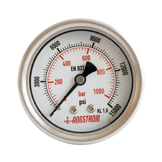 Angstrom Pressure Gauge Dial 63mm Pressure 15,000 psi center back mount on white background
