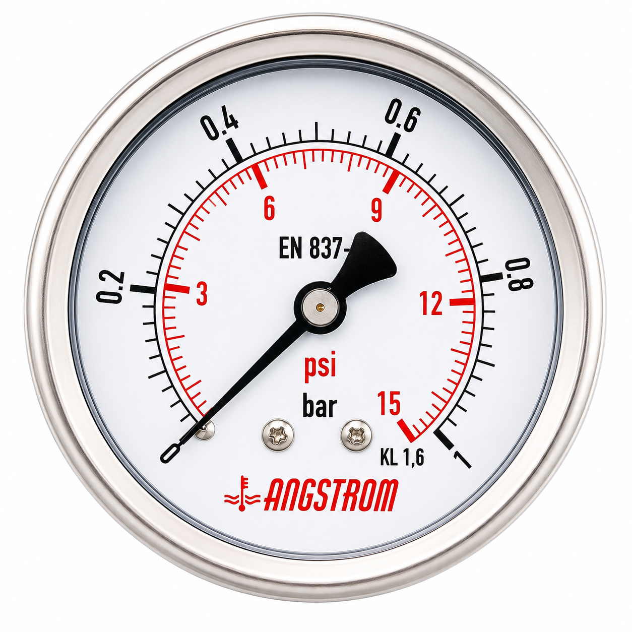 Angstrom pressure gauge, stainless steel case, dial 63mm, center back mount, 1 bar on white background