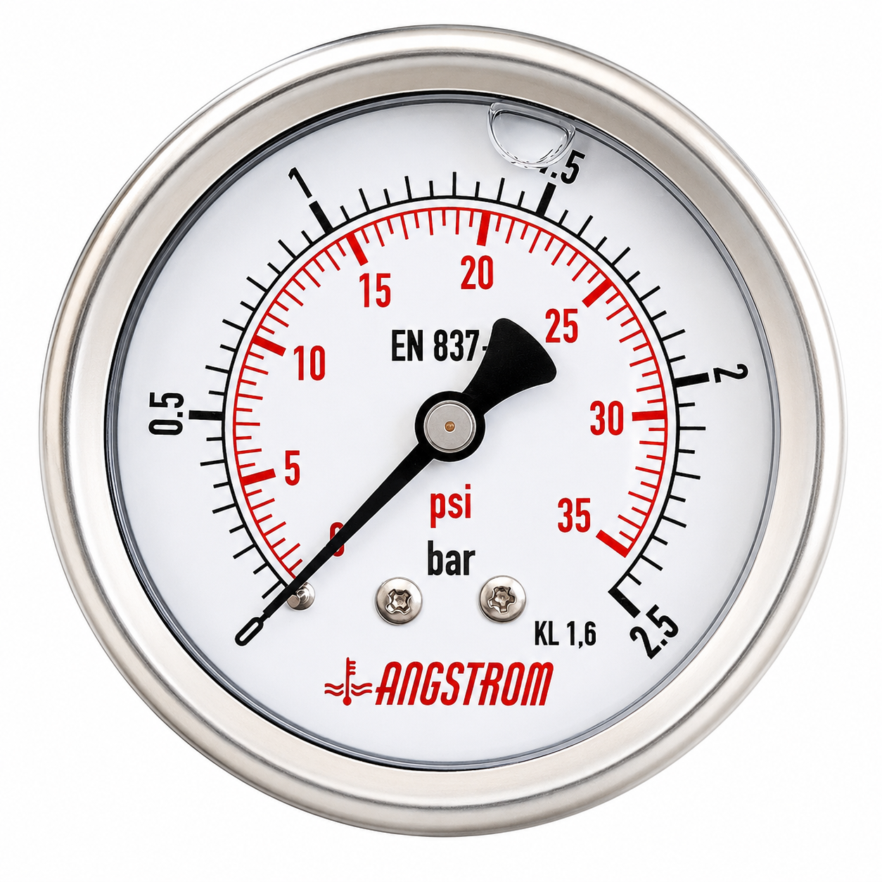 Angstrom pressure gauge, stainless steel case, dial 63mm, center back mount, 2.5 bar on white background