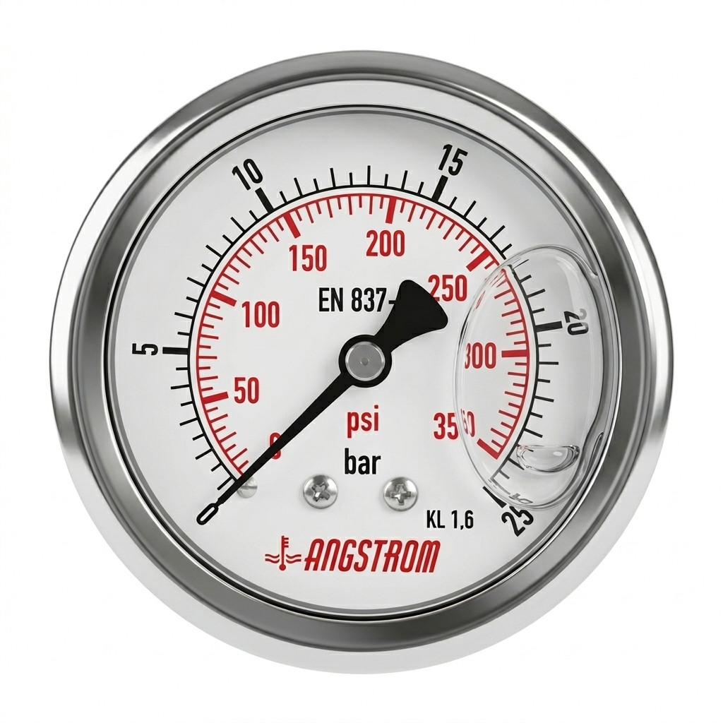 Angstrom pressure gauge, stainless steel case, dial 63mm, center back mount, 25 bar on white background