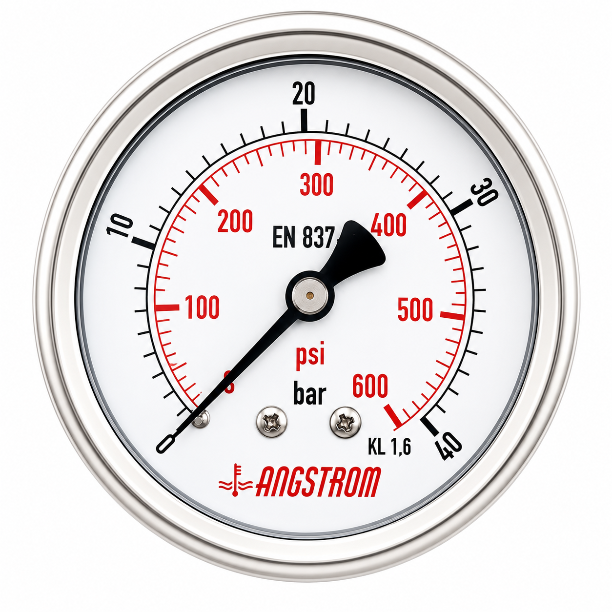 Angstrom pressure gauge, stainless steel case, dial 63mm, center back mount, 40 bar on white background