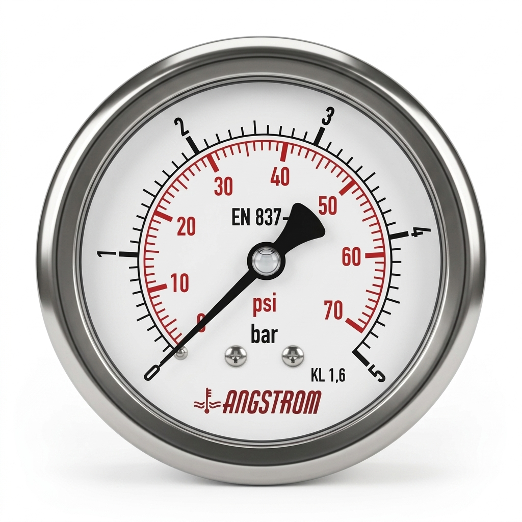 Angstrom pressure gauge, stainless steel case, dial 63mm, center back mount, 5 bar on white background