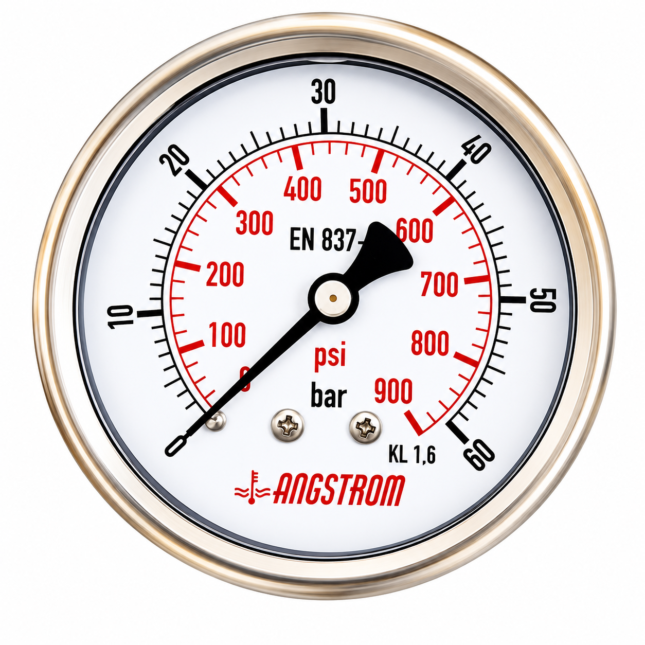 Angstrom pressure gauge, stainless steel case, dial 63mm, center back mount, 60 bar on white background