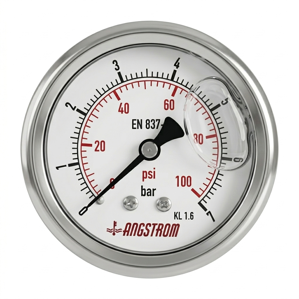 Angstrom pressure gauge, stainless steel case, dial 63mm, center back mount, 7 bar on white background