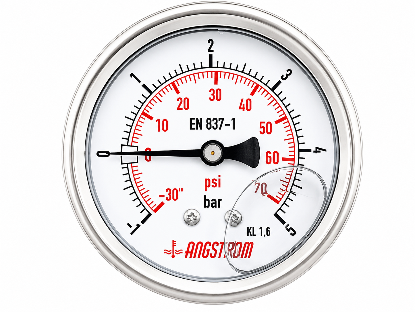 Angstrom compound pressure gauge, dial 63mm, center back mount, -1 to 5 bar on white background 