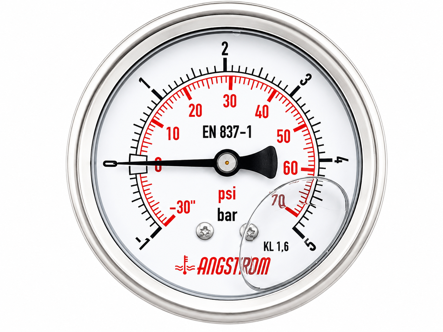 Angstrom compound pressure gauge, dial 63mm, center back mount, -1 to 5 bar on white background 