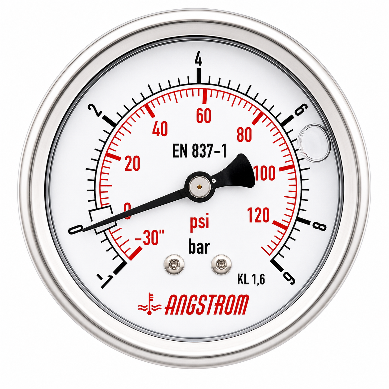 Angstrom compound pressure gauge, dial 63mm, center back mount, -1 to 9 bar on white background 