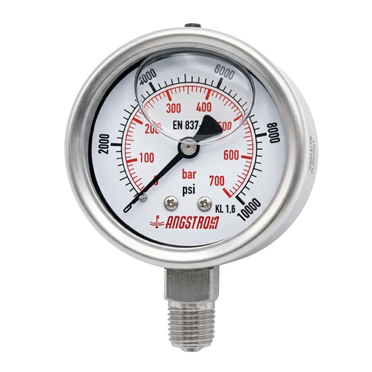 Angstrom Pressure Gauge Dial 63mm Pressure 10,000 psi lower mount on white background