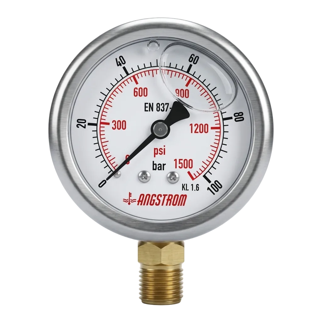 Angstrom pressure gauge, stainless steel case, dial 63mm, lower mount, 100 bar on white background