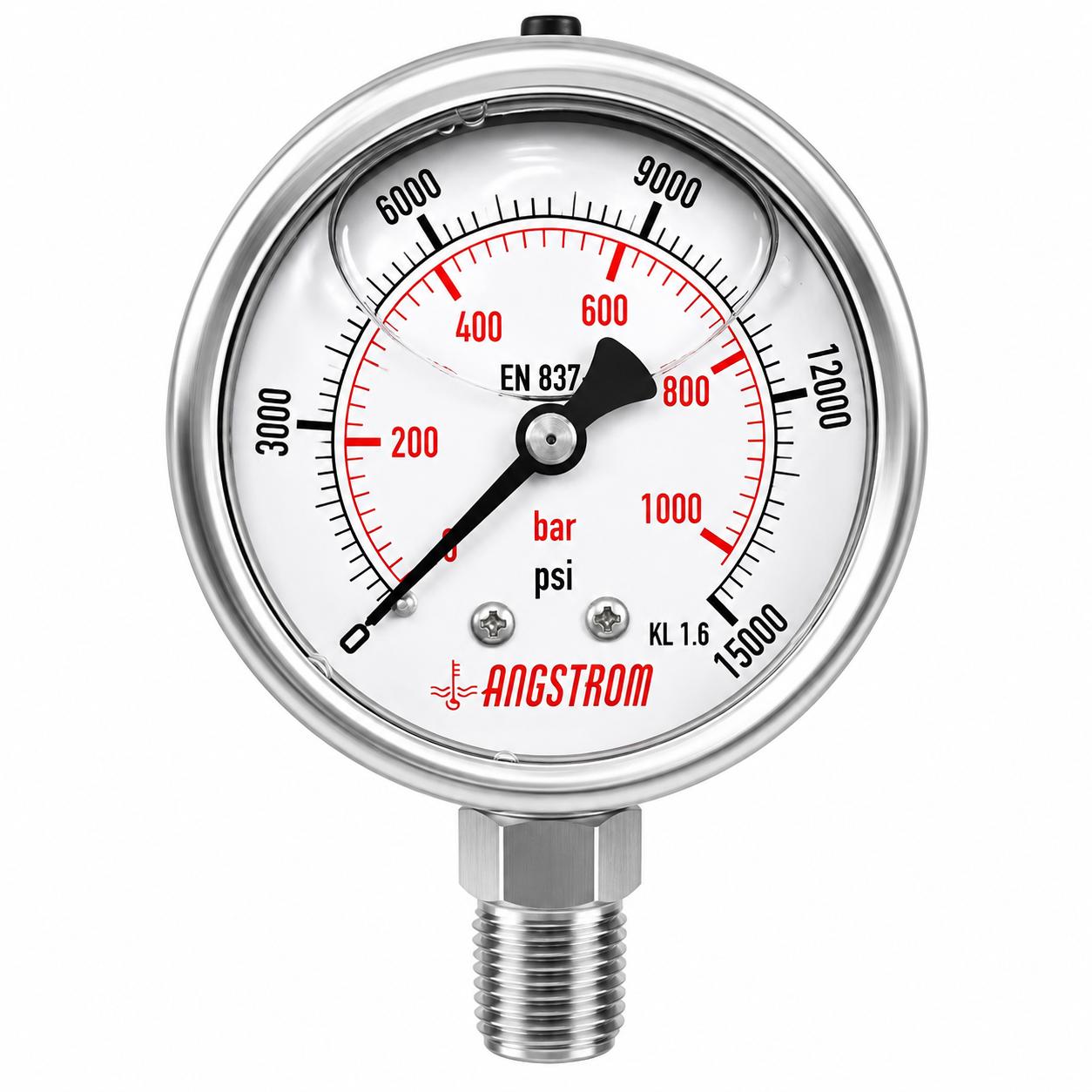 Angstrom Pressure Gauge Dial 63mm Pressure 15,000 psi lower mount on white background