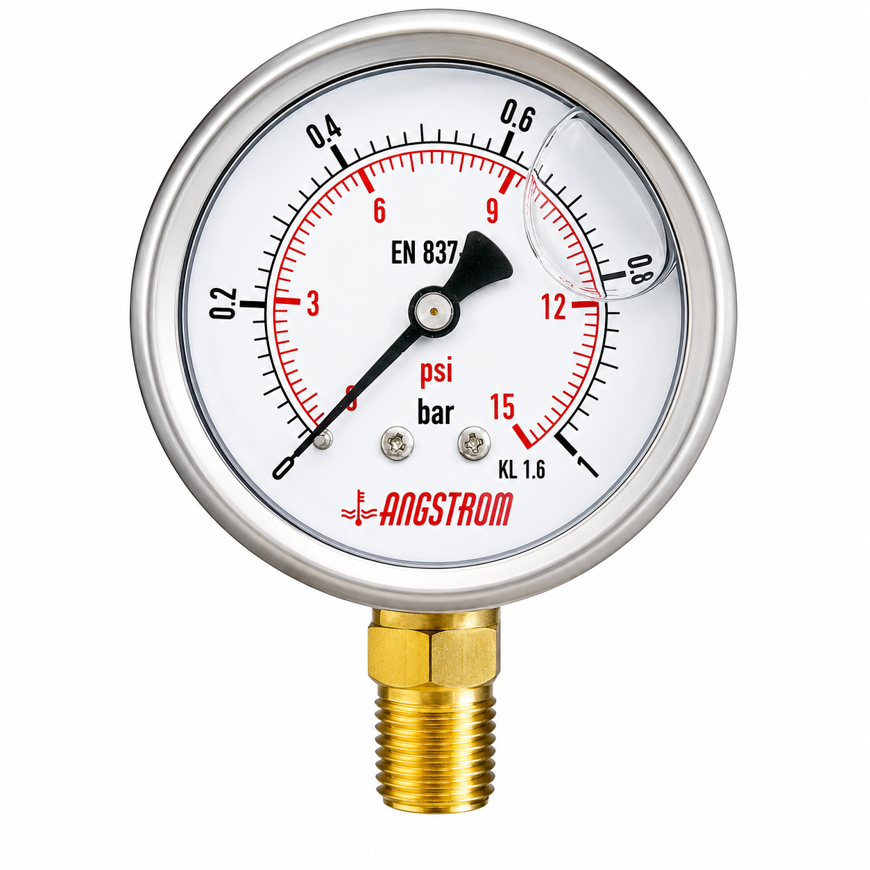Angstrom pressure gauge, stainless steel case, dial 63mm, lower mount, 1 bar on white background