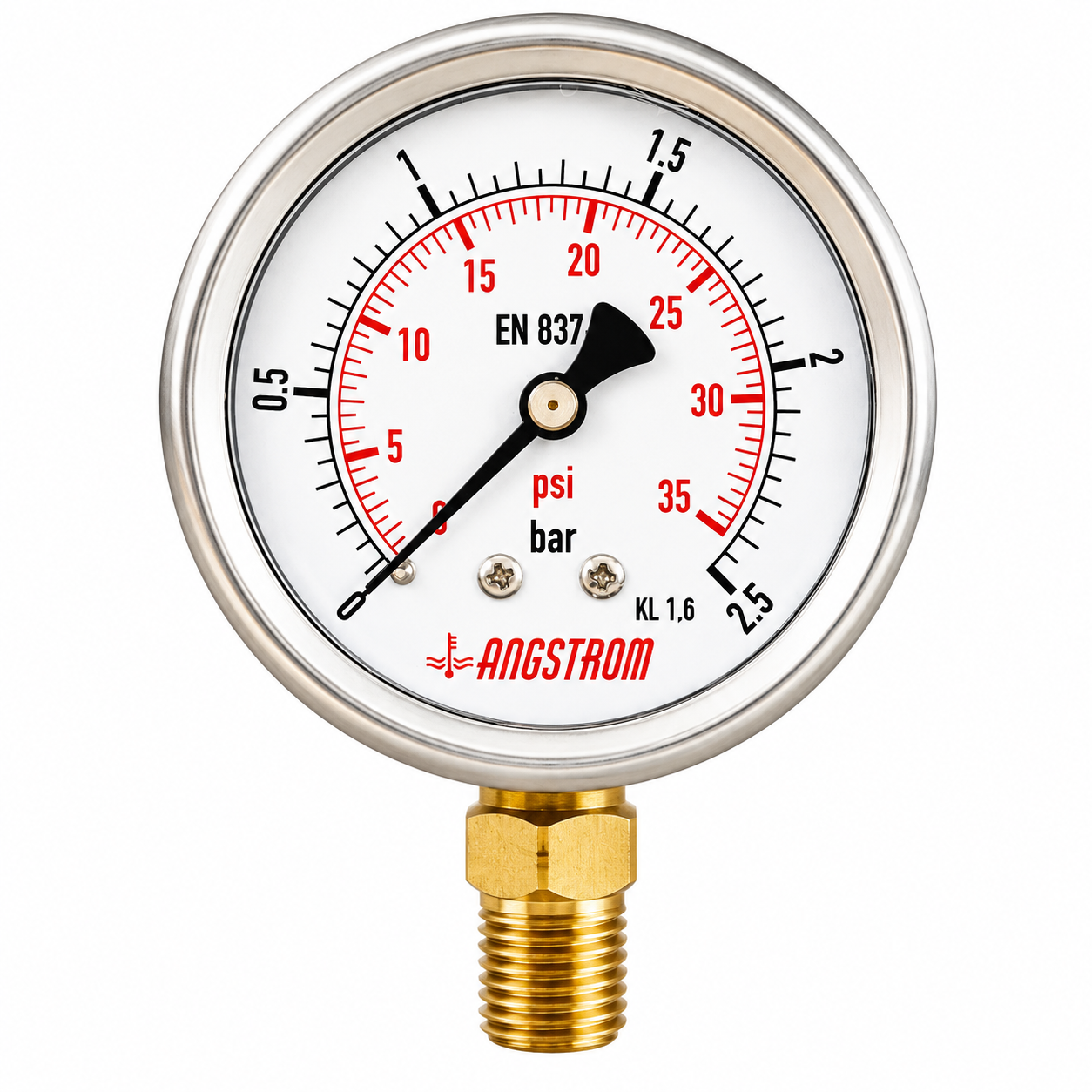 Angstrom pressure gauge, stainless steel case, dial 63mm, lower mount, 2.5 bar on white background