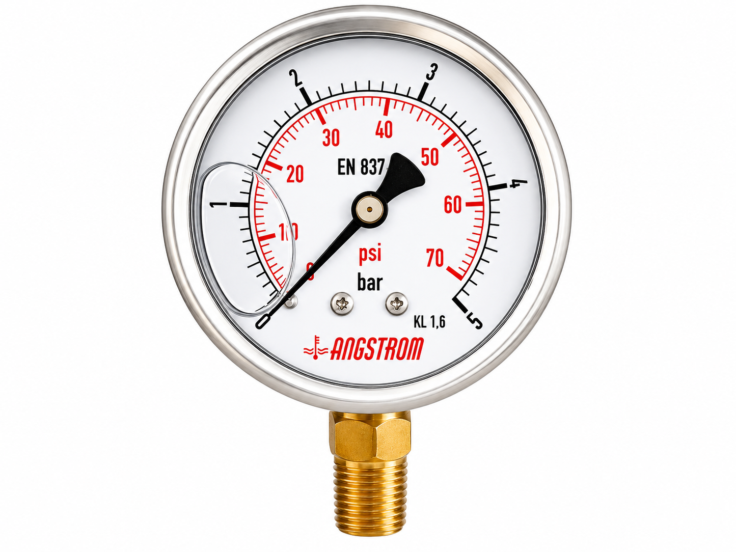 Angstrom pressure gauge, stainless steel case, dial 63mm, lower mount, 5 bar on white background