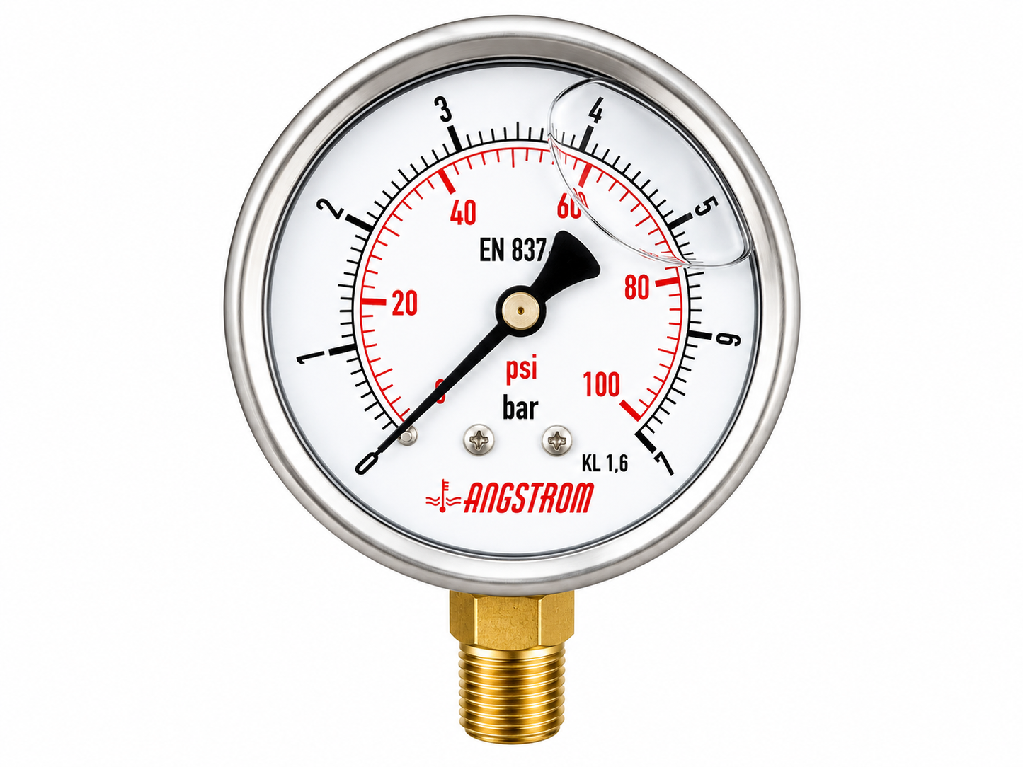 Angstrom pressure gauge, stainless steel case, dial 63mm, lower mount, 7 bar on white background