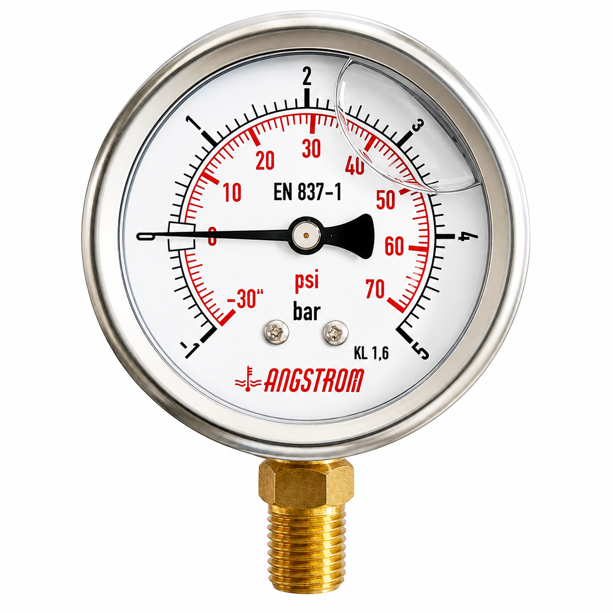 Angstrom compound pressure gauge, dial 63mm, lower mount, -1 to 5 bar on white background 