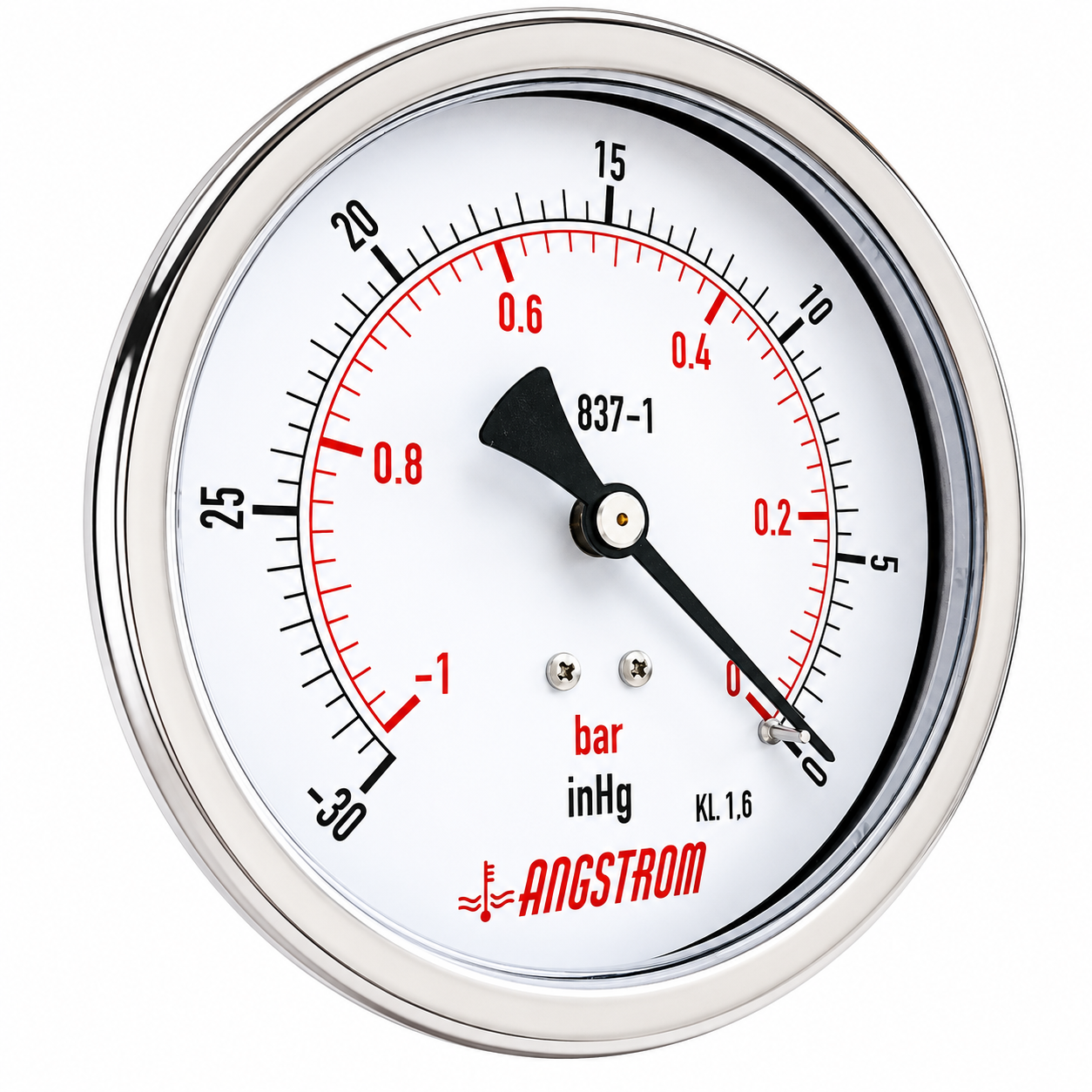 Angstrom vacuum pressure gauge, dial 100mm, center back mount on a white background