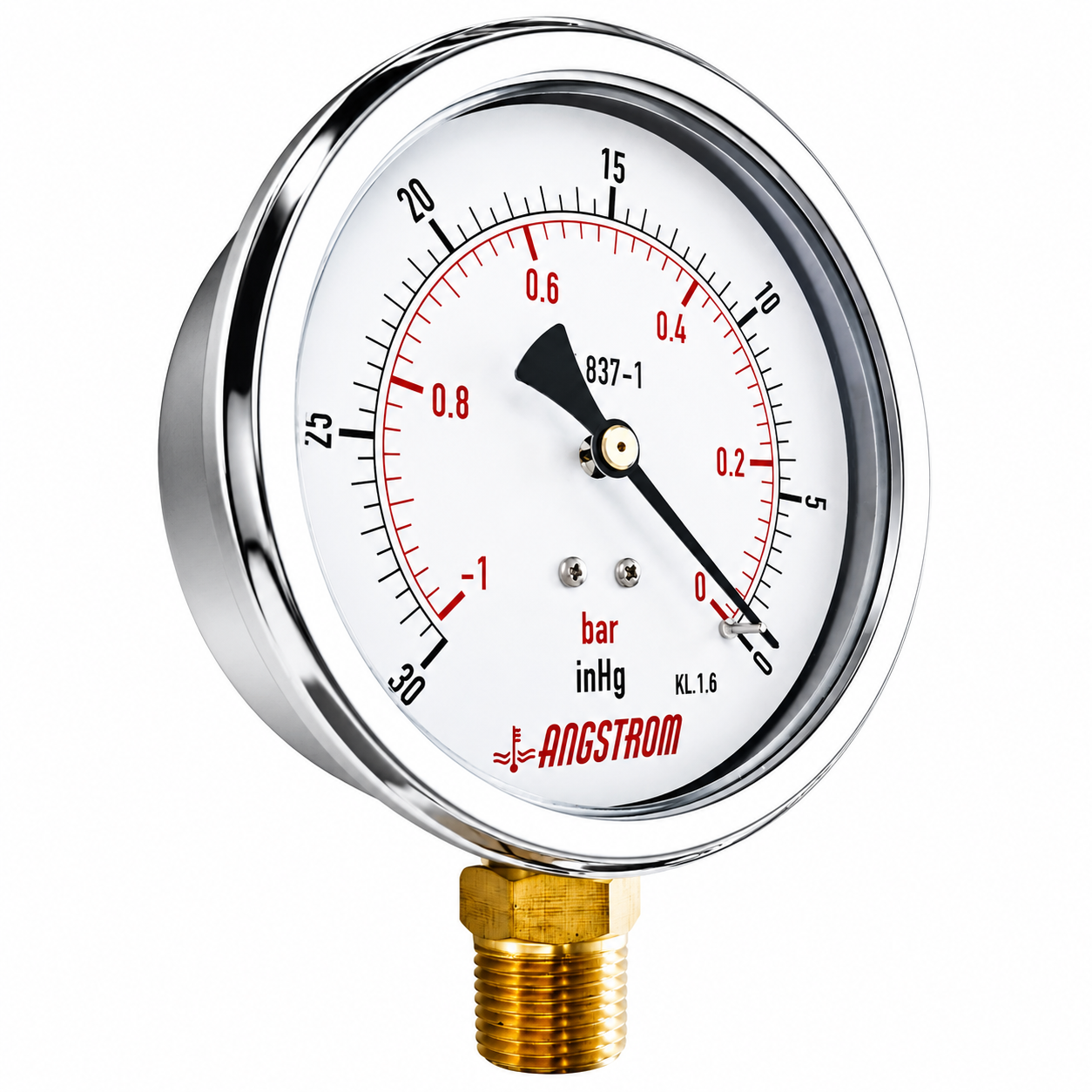 Angstrom vacuum pressure gauge, dial 100mm, lower mount, on white background 