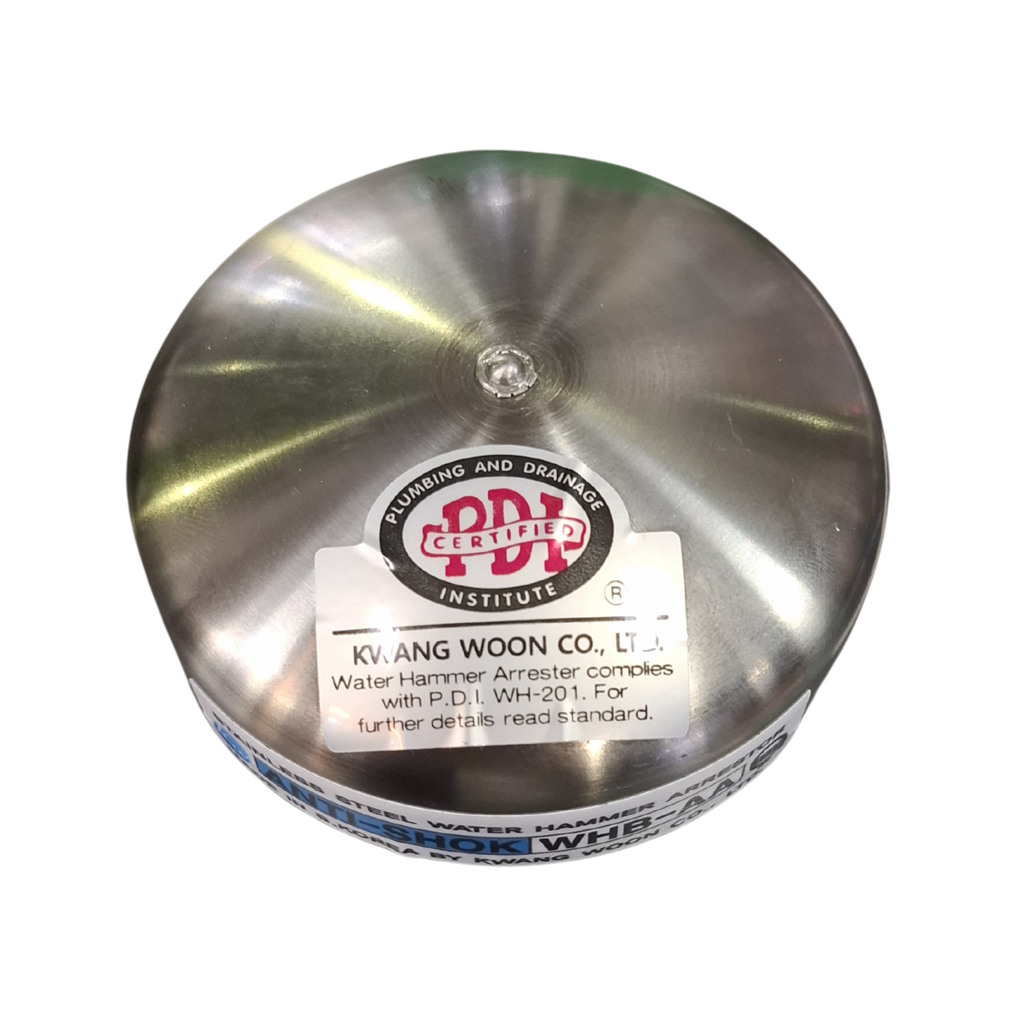 Stainless Steel Water Hammer Arrester with P.D.I. and Kwang Woon Co., Ltd. branding on a white background
