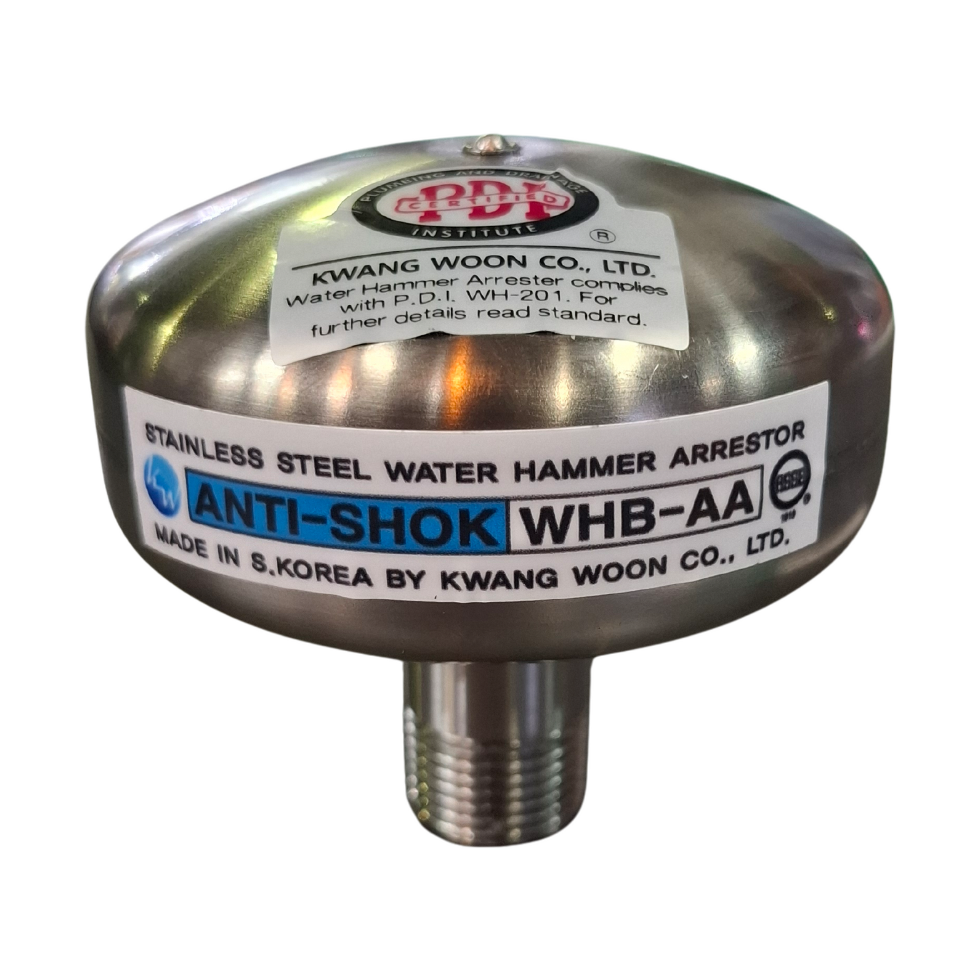 Stainless steel water hammer arrester with visible branding on a white background