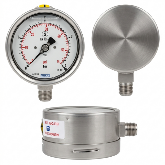 Wika pressure gauge full stainless steel 4bar 100mm dial on white background 